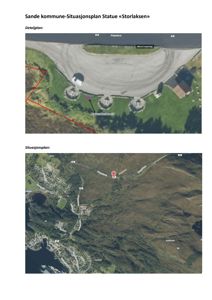 Bildet viser to situasjonsplaner for Sande kommune. Øverste del er en detaljplan med satellittbilde og tegnet inn en rød grenselinje og en markør for 'Statue «Storlaksen»'. Nedre del er en større situasjonsplan som viser bygningens plassering i forhold til omgivelsene, veier og nabolag.