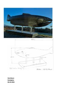 Fotografi av en storlaks-statue på en sokkel, med en håndtegnet detaljplan under.