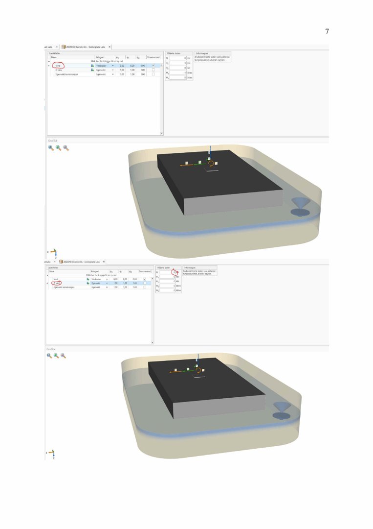 3D-visualisering av en bygning sett fra oven (top-down view) med tilhørende data-tabeller i et CAD-program.