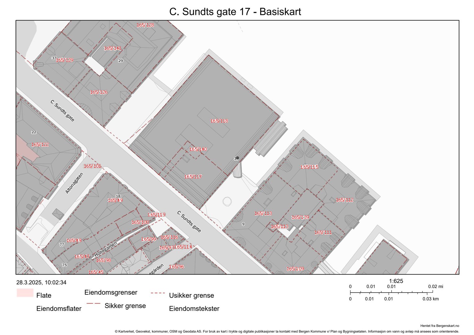 Et basiskart (situasjonskart) som viser eiendomsgrenser, eiendomstexter og arealdata for C. Sundts gate 17.