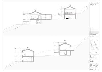 Snittegning som viser tverrsnittet av bygningen i forhold til terrenget.