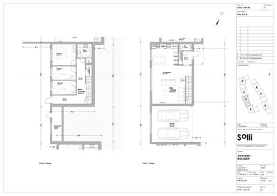 Etasjeplaner (Plan 1 og Plan 2) som viser romfordeling, mål og plassering av trapp for en bolig.