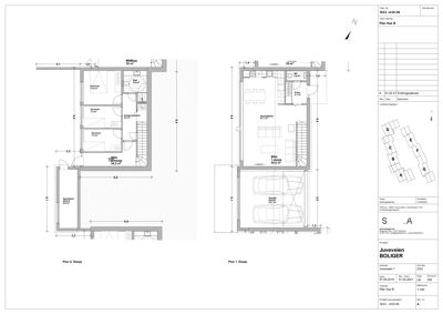 Etasjeplaner (Plan 1 og Plan 2) som viser romfordeling, dimensjoner og plassering av trapp for et boligprosjekt.