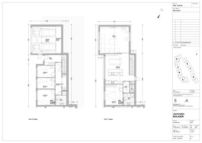Bildet viser etasjeplaner (Plan 1 og Plan 2) for en bolig, inkludert romfordeling, dimensjoner og parkeringsplass.
