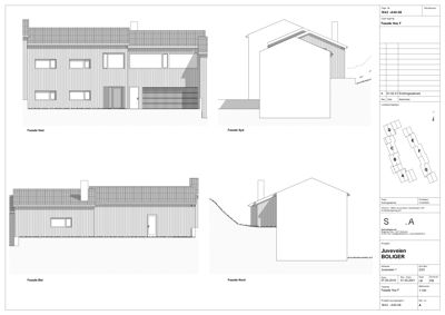 Fasadetegning som viser bygningens utseende fra fire ulike sider (Vest, Syd, Øst og Nord).