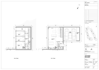 Bildet viser etasjeplaner (Plan 1. Etasje og Plan 2. Etasje) for en boligprosjekt, inkludert romfordeling, dimensjoner og parkeringsplassering.