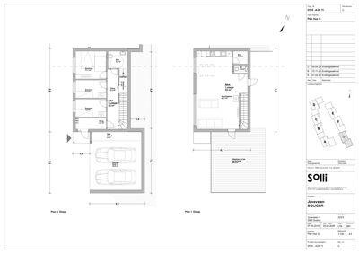 Etasjeplaner (Plan 1 og Plan 2) som viser romfordeling, mål og parkeringsplasser for et boligprosjekt.