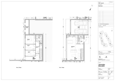 Etasjeplaner (Plan 1 og Plan 2) som viser romfordeling, mål og plassering av trapp for en bolig.