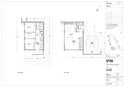 Etasjeplaner (Plan 1 og Plan 2) som viser romfordeling, mål og plassering av trapp for en boligblokk.