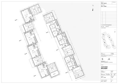Etasjeplan (Plan 1. Etasje) som viser romfordeling og inndeling av boliger i en bygning.