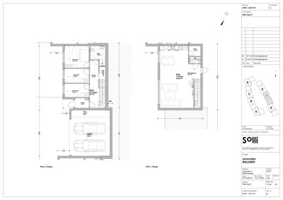 Bildet viser etasjeplaner (Plan 1. Etasje og Plan 2. Etasje) for en bolig, inkludert romfordeling, dører, vinduer og parkeringsplasser.