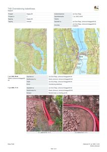 Bildet viser en dokumentasjonsside fra en byggesak som inneholder to fotografier. Øverst er det en situasjonsplan som viser bygningens plassering i forhold til kabeltrase. Nederst er det to detaljfotografier som viser en rød kabel i graven, som illustrerer arbeidet med overdekning av kabeltrase.
