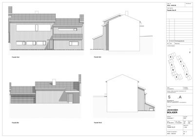 Fasadetegning som viser bygningens utseende fra fire ulike sider (Vest, Syd, Øst og Nord).
