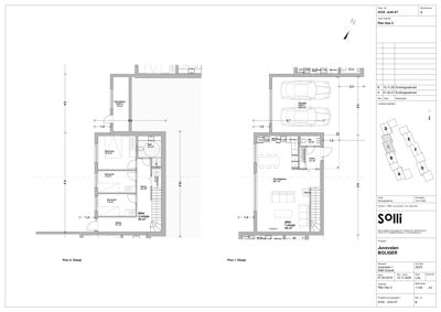 Bildet viser etasjeplaner (Plan 1 og Plan 2) for en bolig, inkludert romfordeling, dører, vinduer og mål.
