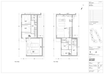 Plantegning som viser romfordeling og dimensjoner for etasjene 1 og 2 i en bolig.