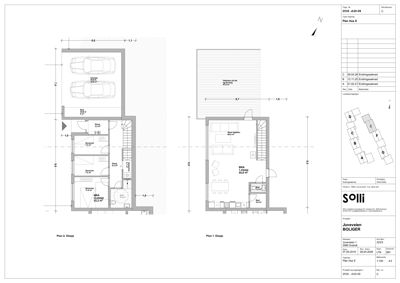 Etasjeplaner (Plan 1. Etasje og Plan 2. Etasje) som viser romfordeling, mål og plassering av kjøretøy.