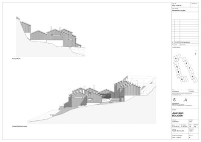 Fasadetegning som viser bygningens utseende sett fra nord og sør, inkludert snittlinje.