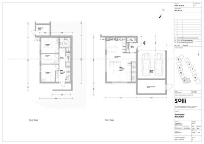 Etasjeplan (Plan 1 og Plan 2) som viser romfordeling, mål og plassering av boligen.