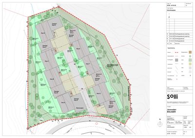 Situasjonsplan som viser tomtens form, beplantning (trær), plassering av bygninger (hus og garasjer) samt vegforhold.