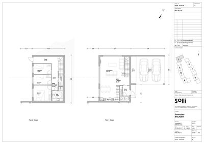Etasjeplan (Plan 1. Etasje) som viser romfordeling, dimensjoner og plassering av kjøretøy i garasjen.