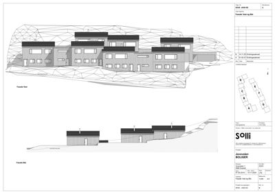 Fasadetegning som viser bygningens utseende fra vest og øst, inkludert terrengform.