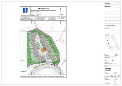 Situasjonskart som viser eiendomsområde, bebyggelse og infrastruktur for prosjektet 'Juveveien 1'.