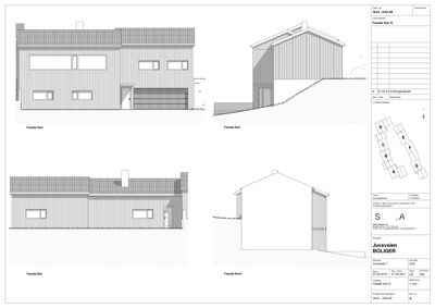 Fasadetegning som viser bygningens utseende fra fire sider (Vest, Syd, Øst, Nord).