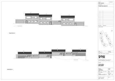 Fasadetegning som viser bygningens utseende sett fra vest og øst mot tunet.