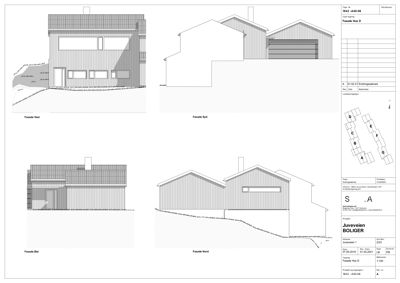 Bildet viser fire fasadetegninger (Vest, Sør, Øst, Nord) for et hus i en byggesak.