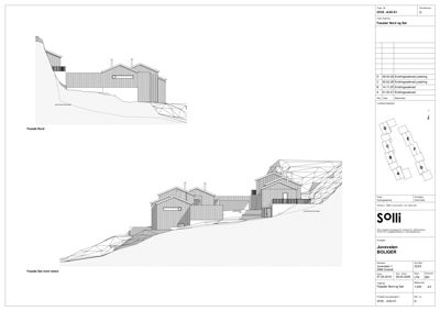 Fasadetegning som viser bygningens utseende sett fra nord og sør, inkludert terrengforhold.