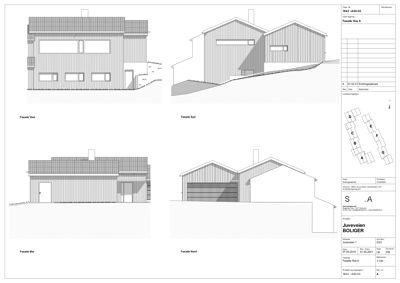 Fasadetegning som viser bygningens utseende fra fire sider (Vest, Syd, Øst, Nord).