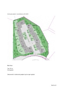 Situasjonsplan som viser tomtens form, beplantning og plassering av flere boligerområder (hus A-G) og garasjer.