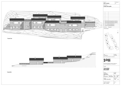 Fasadetegning som viser bygningens utseende fra vest og øst, inkludert terrengform og taklinjer.