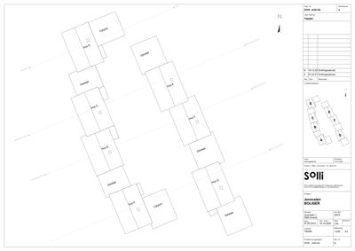 Etasjeplan (Takplan) som viser romfordeling for boliger (Hus A-G) og garasjer på en tomt.