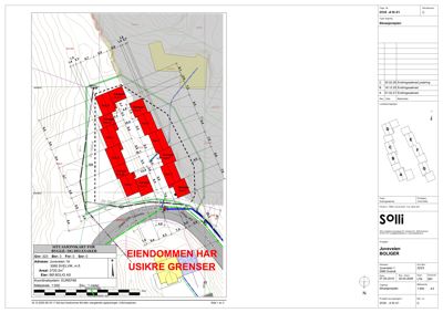 Situasjonsplan som viser tomtens grenser, høydeforhold, naboeiendom og planlagt bebyggelse med romnummer.