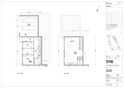 Bildet viser etasjeplaner (Plan 1. Etasje og Plan 2. Etasje) for en bolig, inkludert romfordeling, mål og parkeringsplasser.