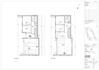 Bildet viser etasjeplaner (Plan 1. Etasje og Plan 2. Etasje) for en bolig, inkludert romfordeling, dører, vinduer og parkeringsplass.