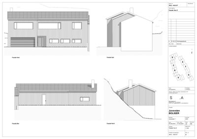 Fasadetegning som viser bygningens utseende fra fire sider (Vest, Syd, Øst, Nord).