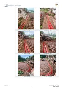 En dokumentasjonsside med seks fotografier som viser en utgravd grøft med røde kabler i en bergside.