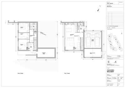 Etasjeplaner (Plan 1 og Plan 2) som viser romfordeling, dimensjoner og plassering av trapp for en bolig.