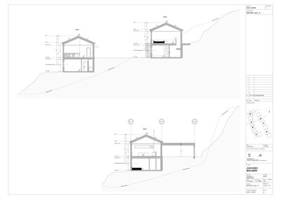 Snittegning som viser tverrsnitt gjennom to ulike husløsninger (A og B) sett fra siden, med oppgitt høyder og romfordeling.
