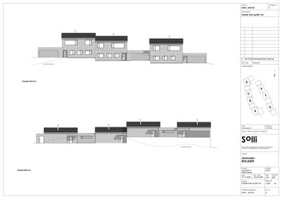 Fasadetegning som viser bygningens utseende sett fra vest og øst.