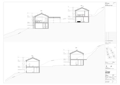Snittegning som viser tverrsnittet av bygningen i forhold til terrenget.