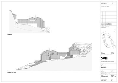 Fasadetegning som viser bygningens utseende sett fra nord og sør, inkludert terrengforhold.