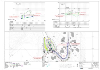 Situasjonsplan med topografi, bygningsspor, vegger og traseer for veiutbygging