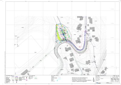 Situasjonsplan som viser tomtetoppografi, eksisterende og planlagt bebyggelse, samt infrastruktur i et nabolag.
