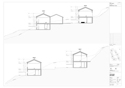 Snittegning som viser tverrsnitt gjennom flere hus (Hus A, B, F, G) og deres plassering i terrenget.