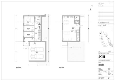 Etasjeplaner (Plan 1. Etasje og Plan 2. Etasje) som viser romfordeling, stueplassering og bilplassering.