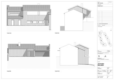 Fasadetegning som viser bygningens utseende fra fire ulike sider (Vest, Syd, Øst og Nord).