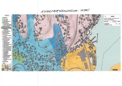 Kvartærgeologisk kart som viser undergrunnsforhold, topografi og bygningsplassering i et område.